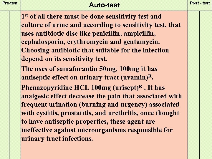 Pre-test Auto-test 1 st of all there must be done sensitivity test and culture