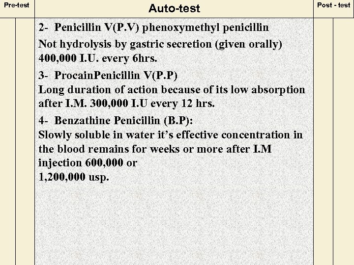 Pre-test Auto-test 2 - Penicillin V(P. V) phenoxymethyl penicillin Not hydrolysis by gastric secretion