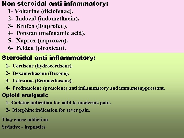 Non steroidal anti infammatory: 1 - Voltarine (diclofenac). 2 - Indocid (indomethacin). 3 -