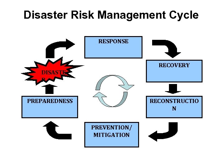 Disaster Risk Management Cycle RESPONSE RECOVERY DISASTE R PREPAREDNESS RECONSTRUCTIO N PREVENTION/ MITIGATION 