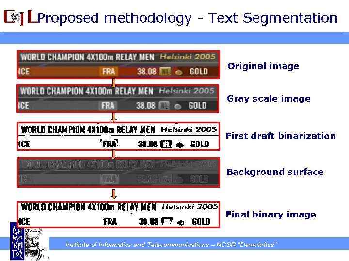 Proposed methodology - Text Segmentation Original image Gray scale image First draft binarization Background