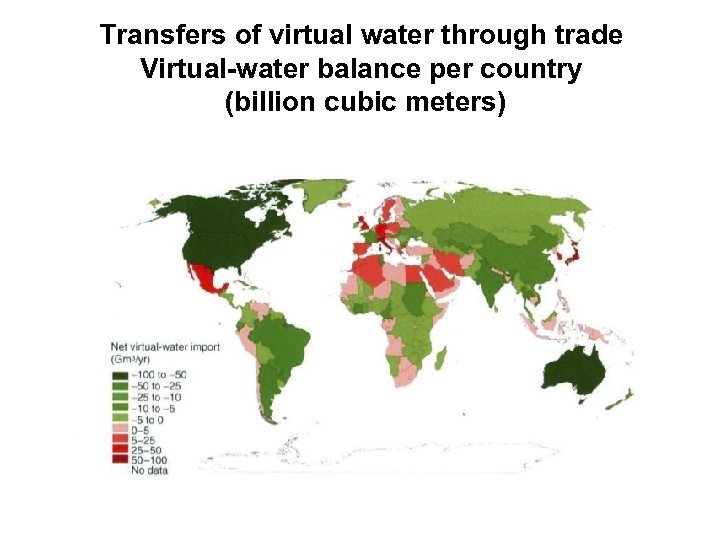 Transfers of virtual water through trade Virtual-water balance per country (billion cubic meters) 