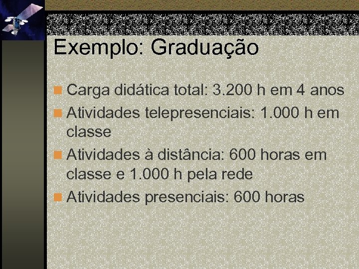 Exemplo: Graduação n Carga didática total: 3. 200 h em 4 anos n Atividades