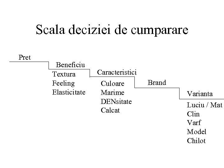 Scala deciziei de cumparare Pret Beneficiu Textura Feeling Elasticitate Caracteristici Culoare Marime DENsitate Calcat