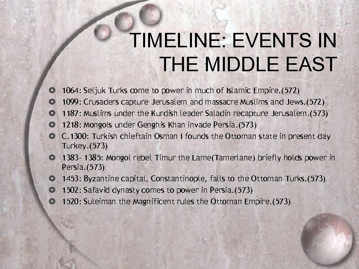 TIMELINE: EVENTS IN THE MIDDLE EAST 1064: Seljuk Turks come to power in much