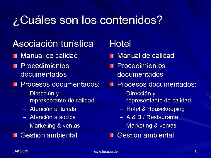 ¿Cuáles son los contenidos? Asociación turística Hotel Manual de calidad Procedimientos documentados Procesos documentados: