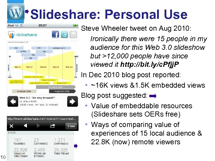 Slideshare: Personal Use Steve Wheeler tweet on Aug 2010: Ironically there were 15 people