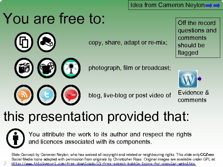Idea from Cameron Neylon You are free to: copy, share, adapt or re-mix; Off