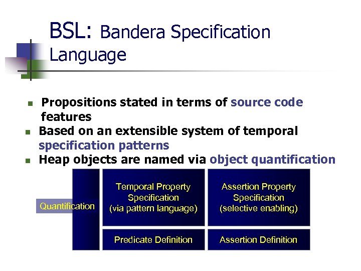 BSL: Bandera Specification Language n n n Propositions stated in terms of source code