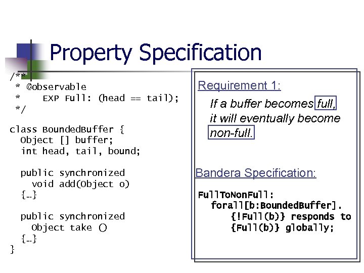 Property Specification /** * @observable * EXP Full: (head == tail); */ class Bounded.