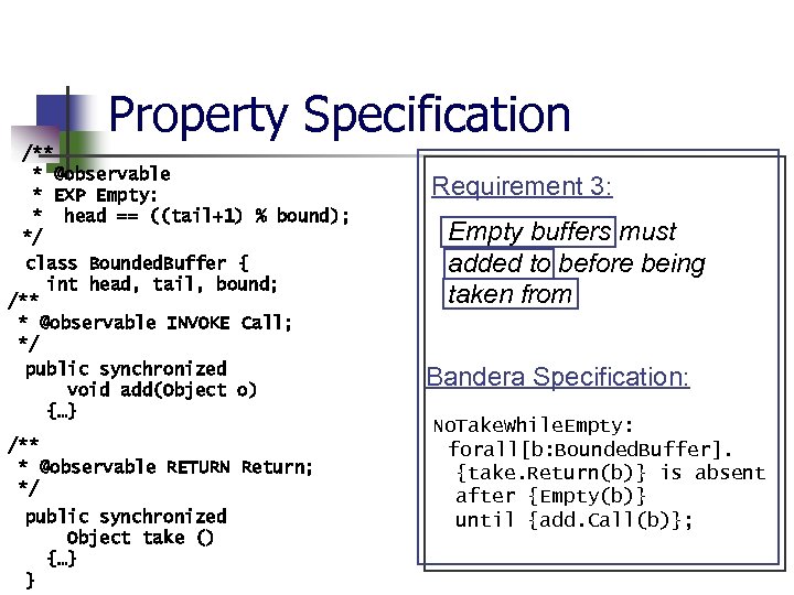 Property Specification /** * @observable * EXP Empty: * head == ((tail+1) % bound);