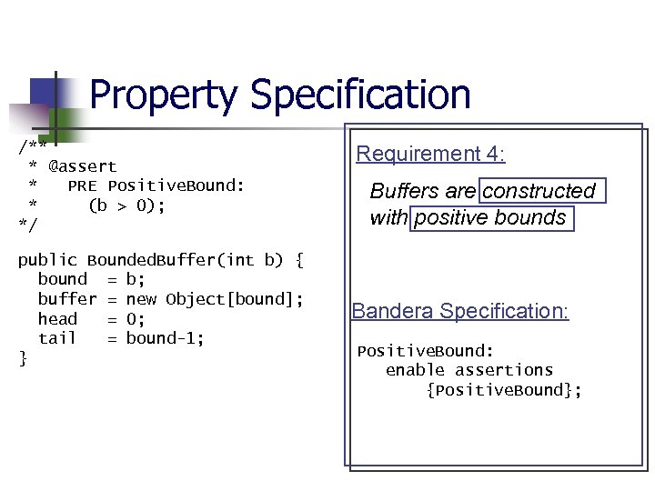Property Specification /** * @assert * PRE Positive. Bound: * (b > 0); */