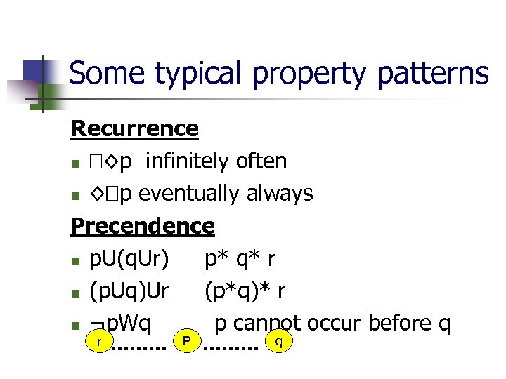 Some typical property patterns Recurrence n ◊p infinitely often n ◊ p eventually always