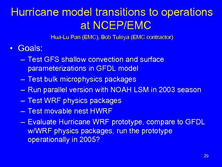 Hurricane model transitions to operations at NCEP/EMC Hua-Lu Pan (EMC), Bob Tuleya (EMC contractor)
