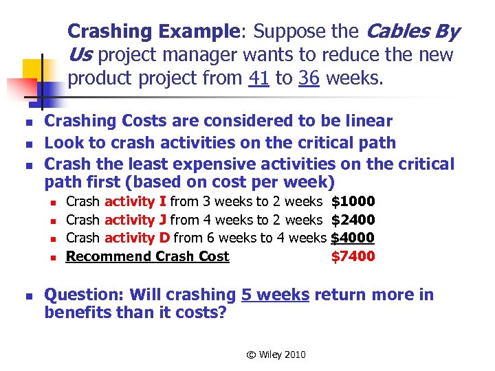 Crashing Example: Suppose the Cables By Us project manager wants to reduce the new