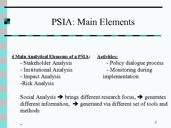 PSIA: Main Elements 4 Main Analytical Elements of a PSIA: Activities: - Stakeholder Analysis