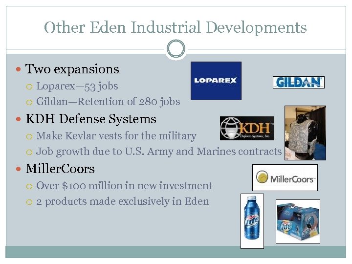 Other Eden Industrial Developments Two expansions Loparex— 53 jobs Gildan—Retention of 280 jobs KDH