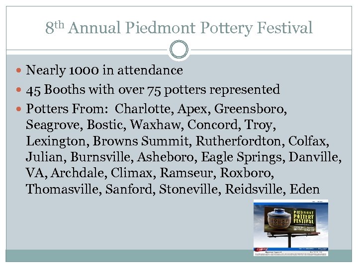 8 th Annual Piedmont Pottery Festival Nearly 1000 in attendance 45 Booths with over