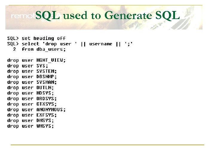 SQL used to Generate SQL 