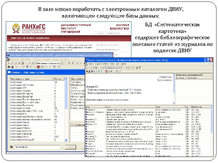 В зале можно поработать с электронным каталогом ДВИУ, включающем следующие базы данных: БД «Систематическая