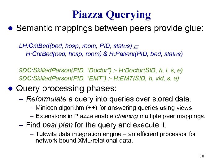 Piazza Querying l Semantic mappings between peers provide glue: LH: Crit. Bed(bed, hosp, room,