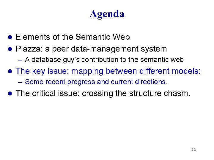Agenda Elements of the Semantic Web l Piazza: a peer data-management system l –