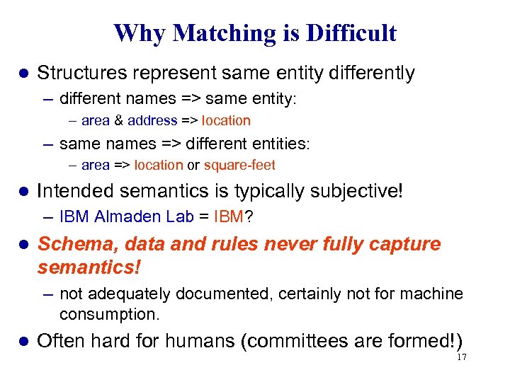 Why Matching is Difficult l Structures represent same entity differently – different names =>