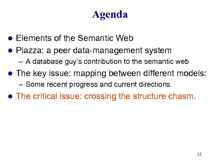 Agenda Elements of the Semantic Web l Piazza: a peer data-management system l –