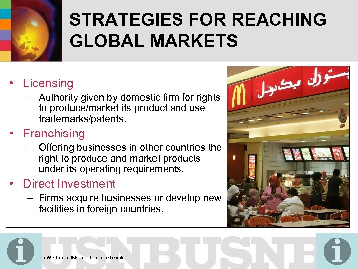 STRATEGIES FOR REACHING GLOBAL MARKETS • Licensing – Authority given by domestic firm for