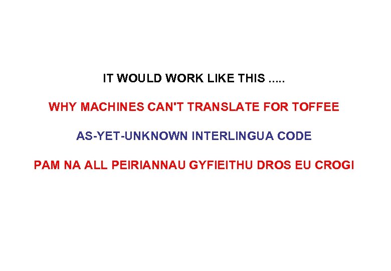 IT WOULD WORK LIKE THIS. . . WHY MACHINES CAN'T TRANSLATE FOR TOFFEE AS-YET-UNKNOWN