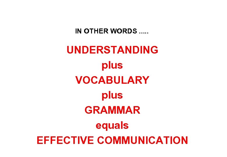 IN OTHER WORDS. . . UNDERSTANDING plus VOCABULARY plus GRAMMAR equals EFFECTIVE COMMUNICATION 