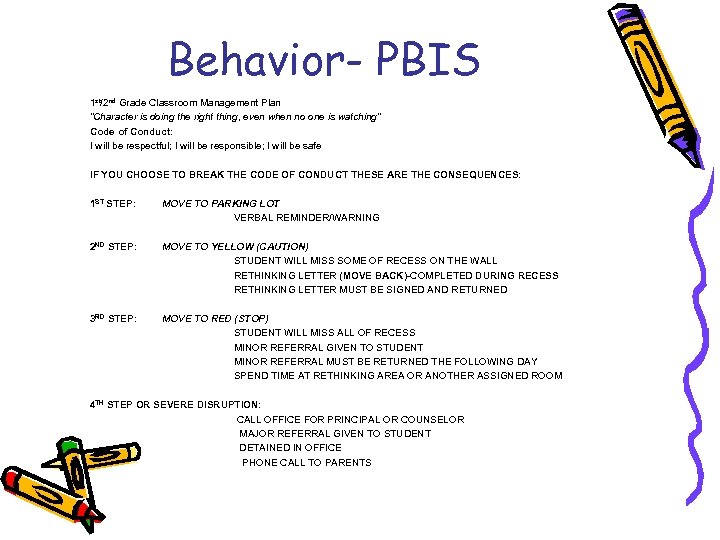 Behavior- PBIS 1 st/2 nd Grade Classroom Management Plan “Character is doing the right