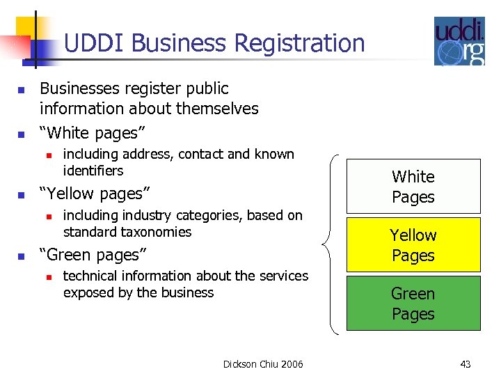 UDDI Business Registration n n Businesses register public information about themselves “White pages” n