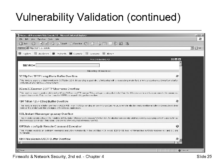 Vulnerability Validation (continued) Firewalls & Network Security, 2 nd ed. - Chapter 4 Slide
