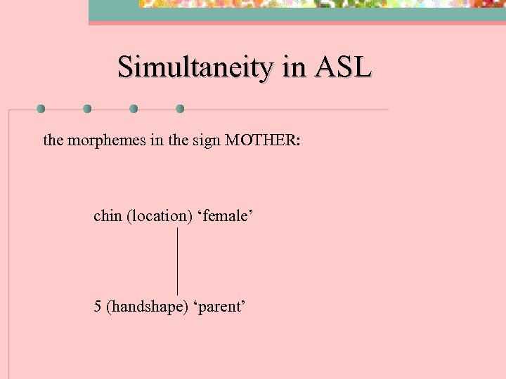 Simultaneity in ASL the morphemes in the sign MOTHER: chin (location) ‘female’ 5 (handshape)