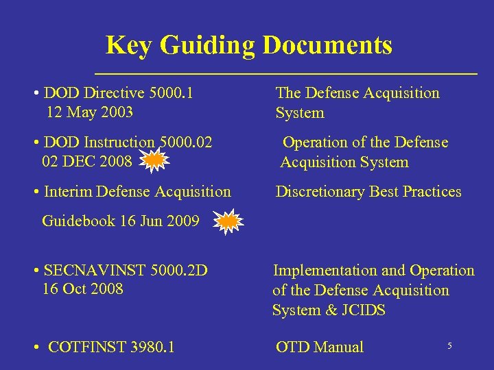 Key Guiding Documents • DOD Directive 5000. 1 12 May 2003 The Defense Acquisition