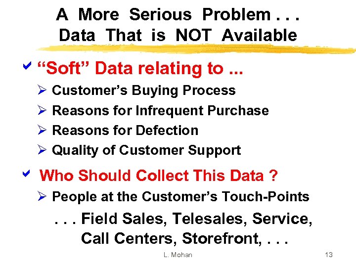 A More Serious Problem. . . Data That is NOT Available a“Soft” Data relating