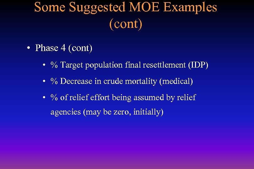 Some Suggested MOE Examples (cont) • Phase 4 (cont) • % Target population final