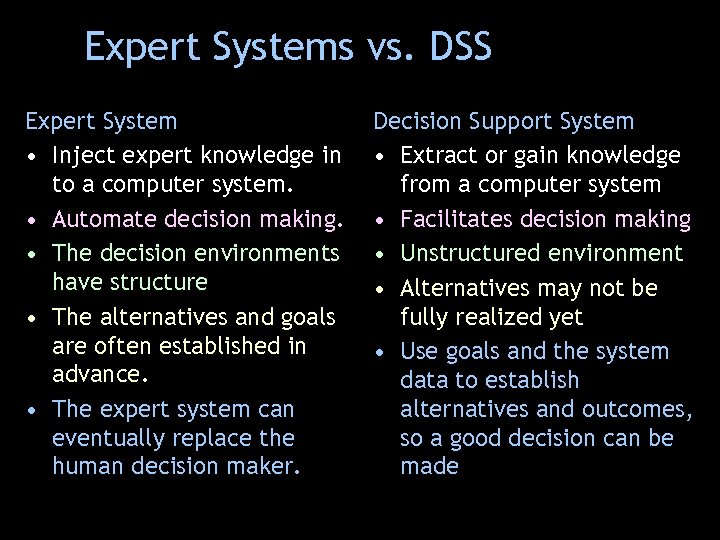 Expert Systems vs. DSS Expert System • Inject expert knowledge in to a computer