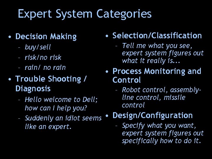 Expert System Categories • Decision Making – buy/sell – risk/no risk – rain/ no