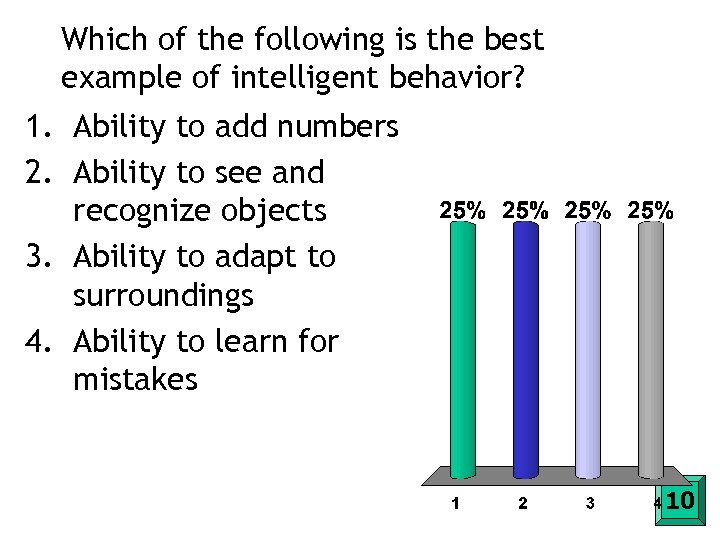 Which of the following is the best example of intelligent behavior? 1. Ability to