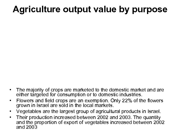 Agriculture output value by purpose • The majority of crops are marketed to the