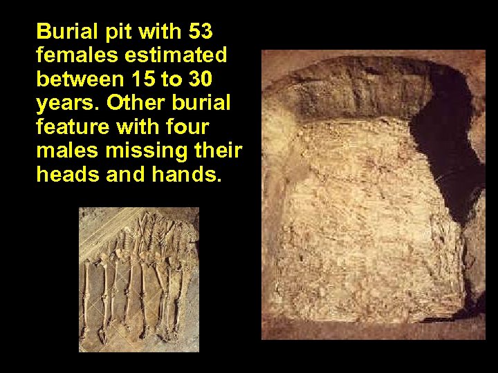 Burial pit with 53 females estimated between 15 to 30 years. Other burial feature