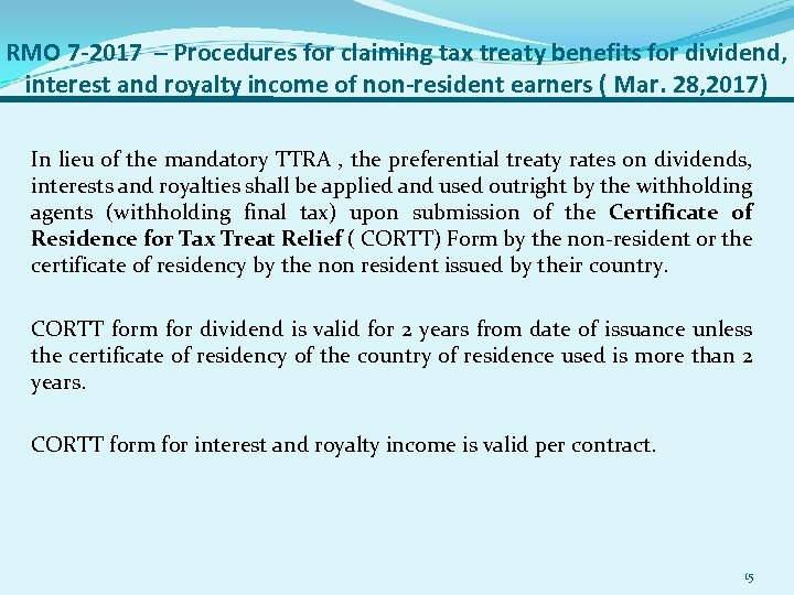 RMO 7 -2017 – Procedures for claiming tax treaty benefits for dividend, interest and