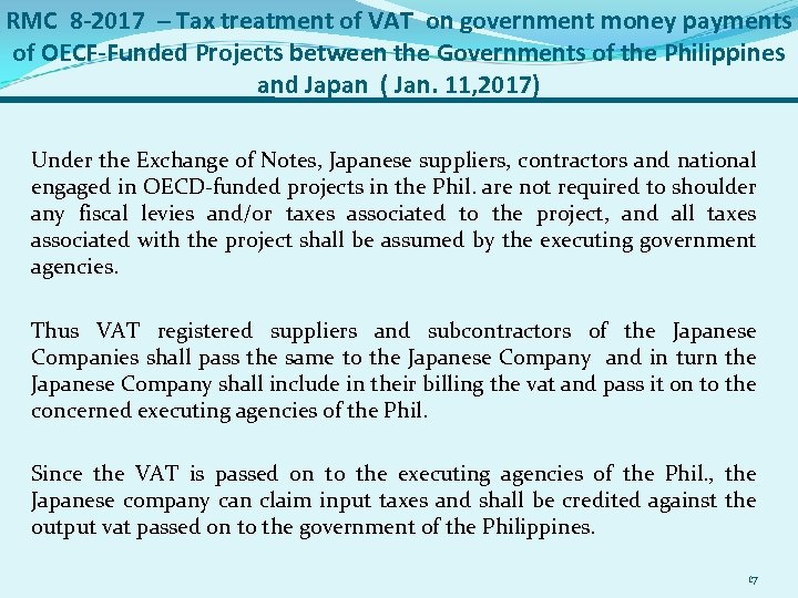 RMC 8 -2017 – Tax treatment of VAT on government money payments of OECF-Funded