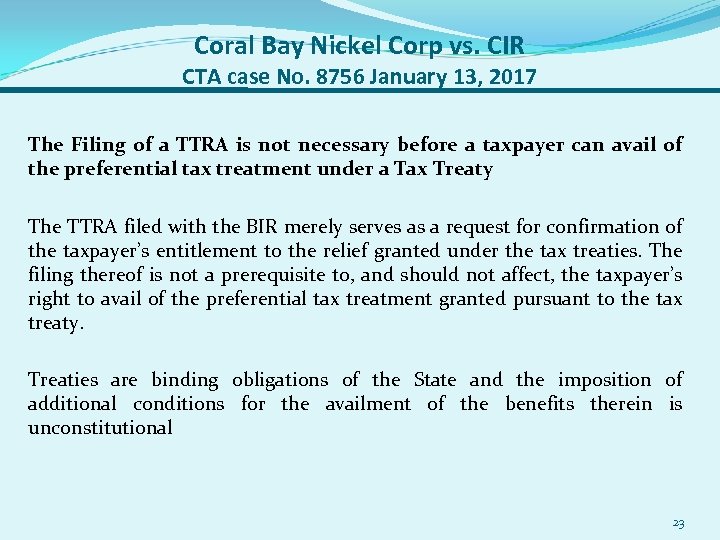 Coral Bay Nickel Corp vs. CIR CTA case No. 8756 January 13, 2017 The