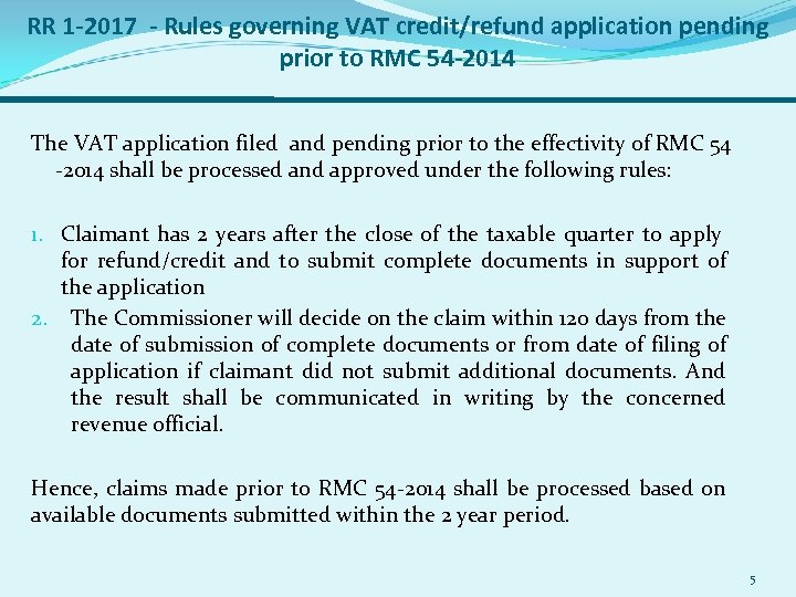 RR 1 -2017 - Rules governing VAT credit/refund application pending prior to RMC 54