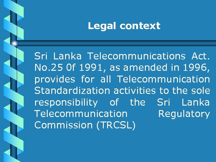 Legal context Sri Lanka Telecommunications Act. No. 25 0 f 1991, as amended in
