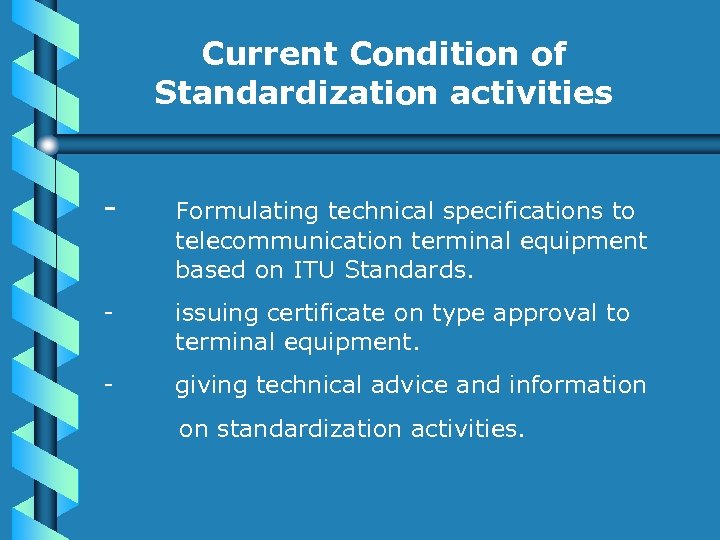 Current Condition of Standardization activities - Formulating technical specifications to telecommunication terminal equipment based