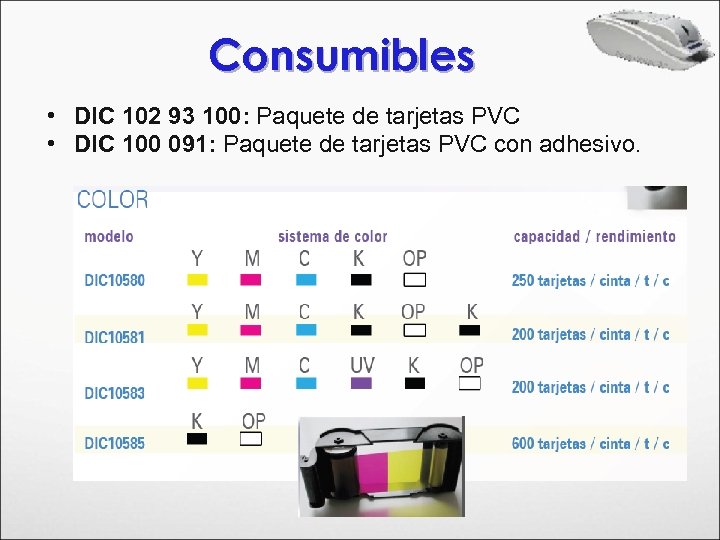 Consumibles • DIC 102 93 100: Paquete de tarjetas PVC • DIC 100 091: